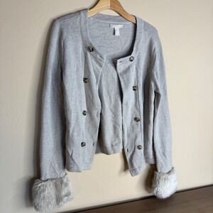 Cashmere Gray Double Breasted Faux‎ Fur Trim Cardigan Sweater M Italian Yarn